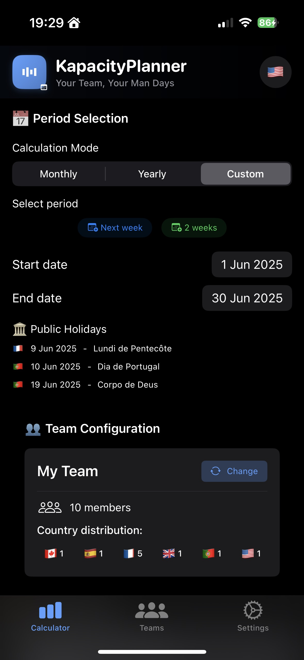 Interface principale de KapacityPlanner montrant le calcul de capacité d'équipe